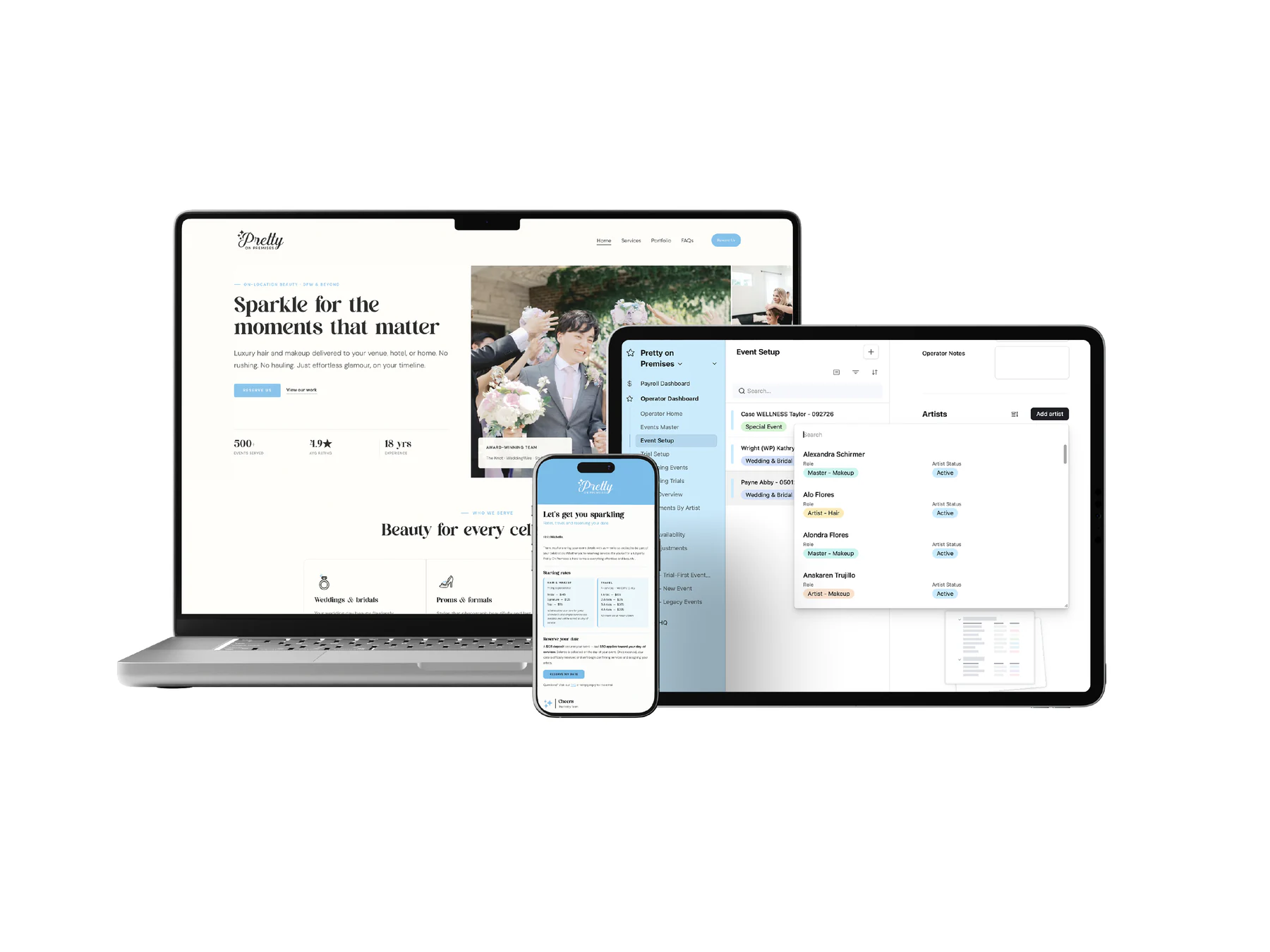Pretty on Premises website, brand identity, and client portal